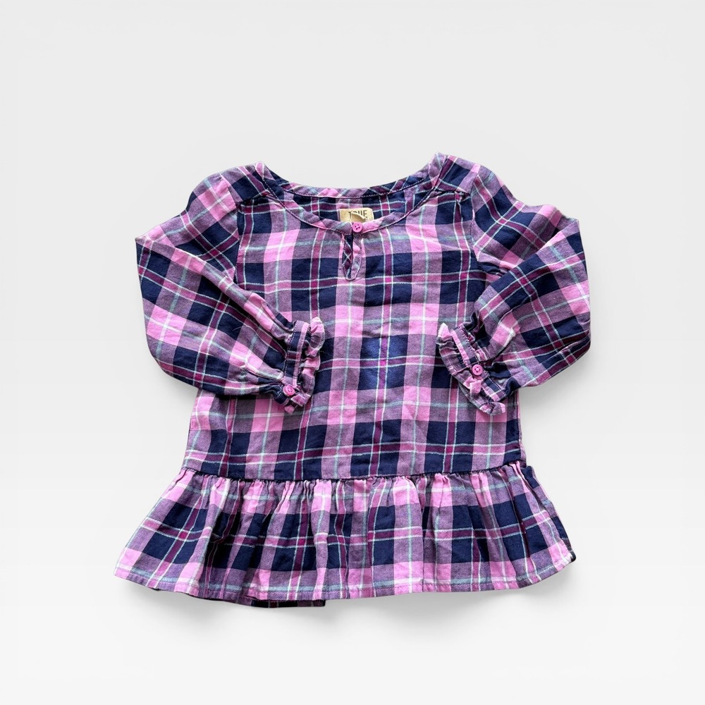 True Craft Toddler Girls Pink Navy Plaid Flannel Peplum Tunic‎ Top Size 2T